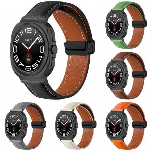 New Foldover Clasp Folding Buckle Litchi Grain Genuine Leather Watch Strap For Samsung Galaxy Watch 7 Ultra 47mm Watch Band (ZPB-556)