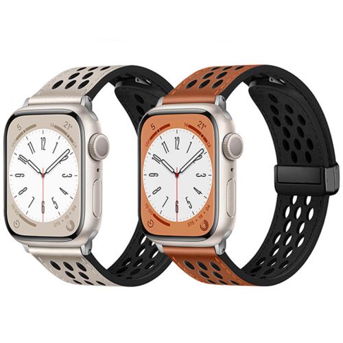 Magnetic Fold Buckle Perforated Breathable Leather Strap For Apple Watch Ultra 2 Band 49mm For Iwatch Series 9 8 7 6 5 （ZPB-490）