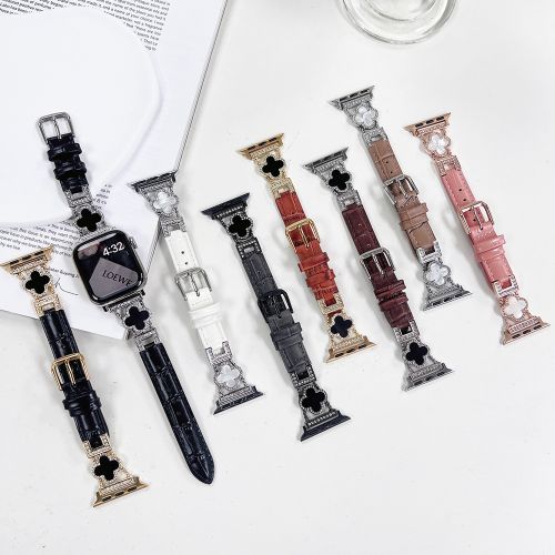 Fashion Four-Leaf Clover Crocodile Pattern Leather Watch Strap For Apple Watch 9 8 7 6 5 Slim Luxury Wrist Band For Iwatch Ultra （ZPB-457）