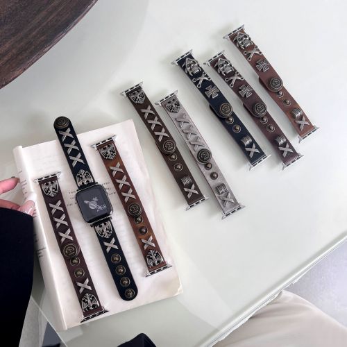 Vintage Punk Rivet Leather Watch Strap For Apple Watch Band 38 40 41 42 44 45 49 Mm For Iwatch Ultra 2 Se 9 8 7 6 5 Men Women（ZPB-458）